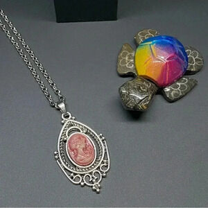 Pink Burgundy Lady Portrait Vintage Style Victorian Cameo Necklace